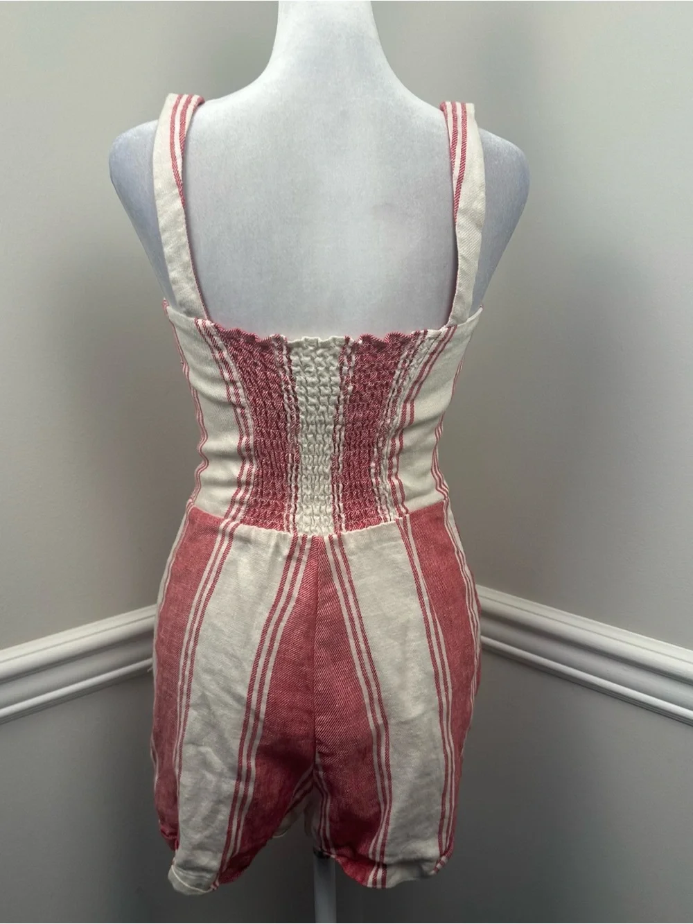 Reformation Red and Cream Striped Linen Button Romper 4